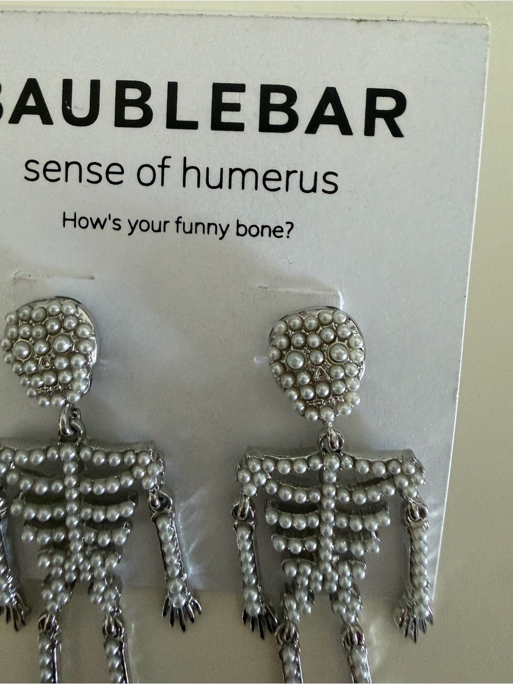 BaubleBar Silver Pearl Drop Dead Hottie Skeleton Dangle Earrings Halloween - Picture 2 of 2